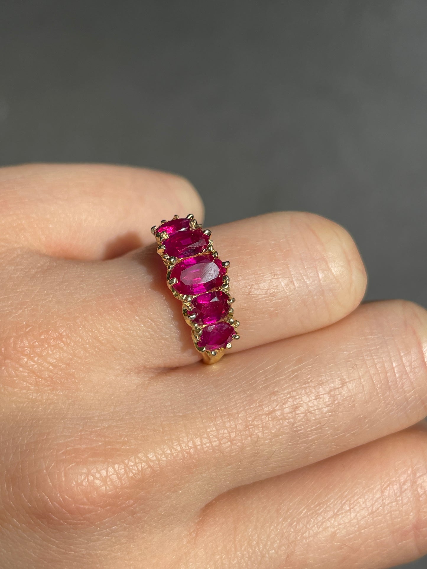 Antique 18K Gold 2.59 CTW Burma Five Stone Ruby Ring GIA