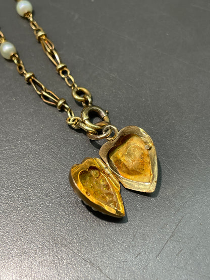 Victorian 18K Gold Seed Pearl Heart Locket Bracelet