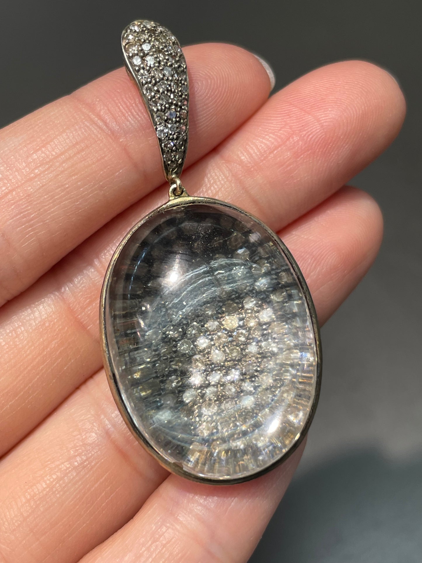 Vintage 14K Gold Silver 3.0ctw Diamond Rock Crystal Orb Pendant