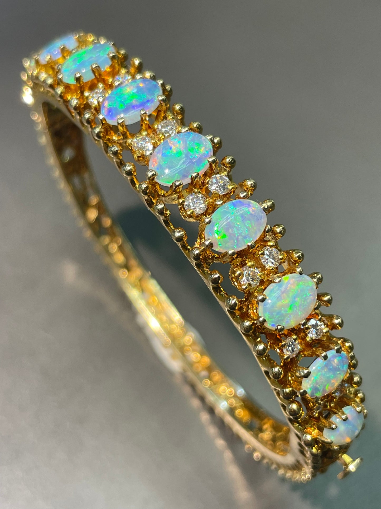 14K Gold Natural Opal 3.0 CTW Diamond Bangle Bracelet