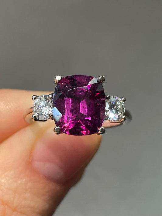 14K White Gold 4.20 CT Rhodolite Diamond Trilogy Ring