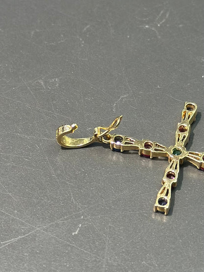 14K 金蓝宝石红宝石绿宝石十字架吊坠