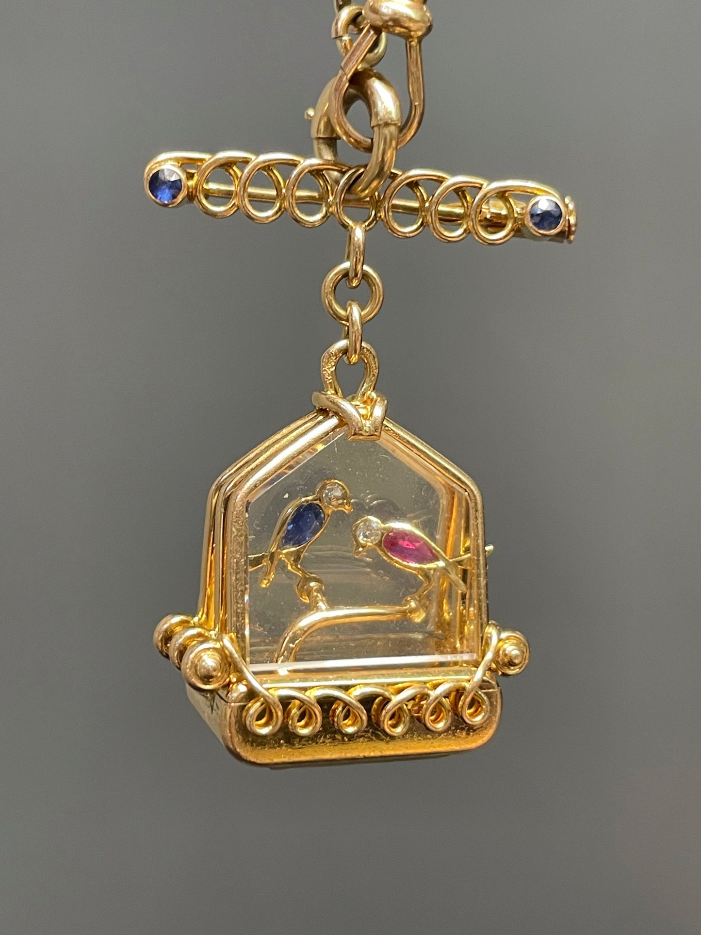 Vintage UTI 18K Gold French Ruby Sapphire Bird Cage Pocket Watch Pendant