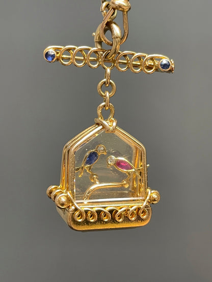 Vintage UTI 18K Gold French Ruby Sapphire Bird Cage Pocket Watch Pendant