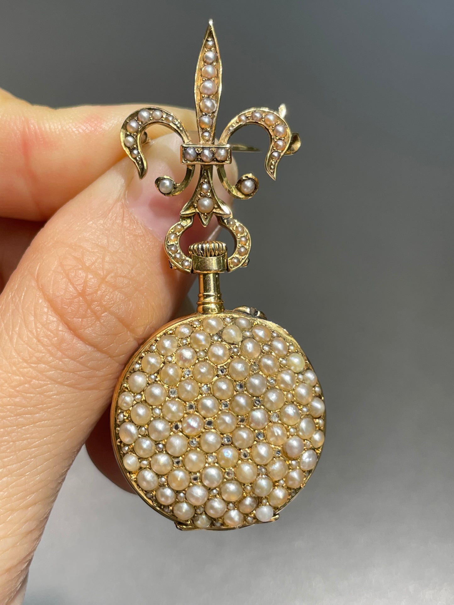 Antique 14K Gold Seed Pearl Diamond Fleur-de-Lis Pocket Watch Brooch