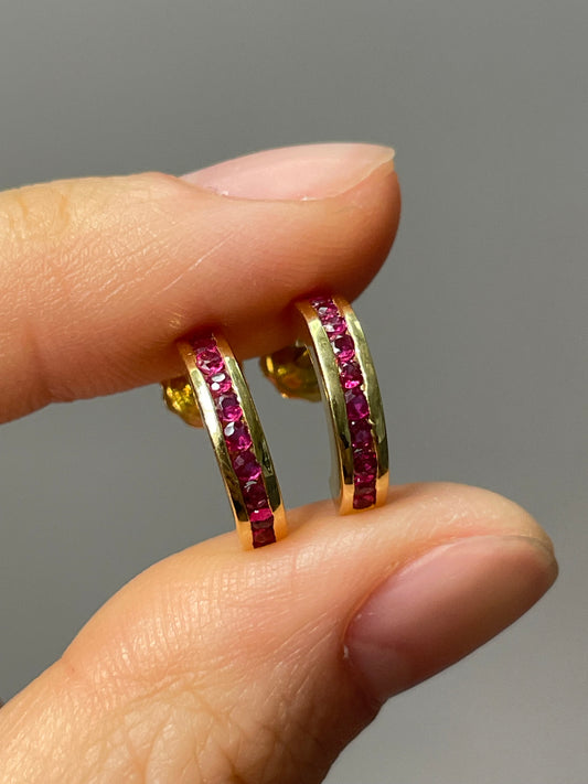 18K Yellow Gold Ruby Hoop Earring