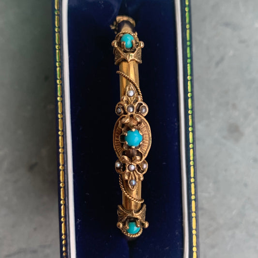 Antique Victorian 14K Gold Natural Turquoise and Seed Bracelet Bangle