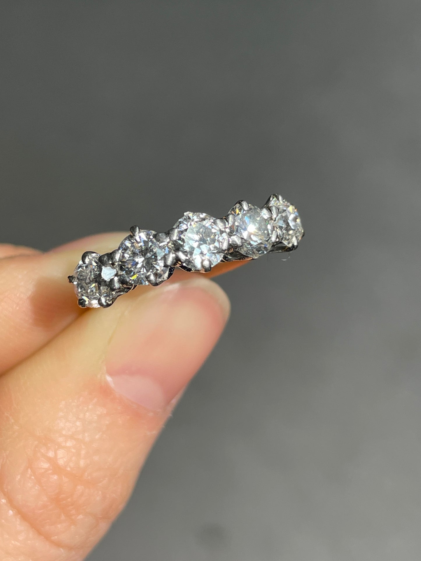 Antique 14K Gold 2.40 CTW Old European Cut Diamond Five Stone Ring