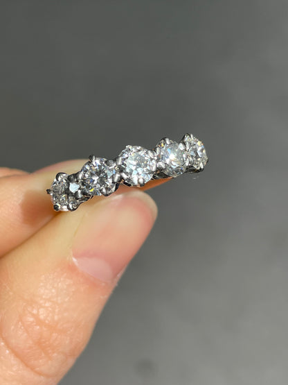Antique 14K Gold 2.40 CTW Old European Cut Diamond Five Stone Ring