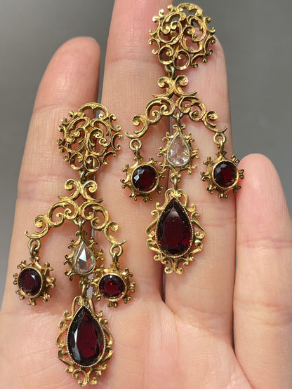 Georgian 18K Gold Rose Cut Diamond Garnet Drop Chandelier Earring