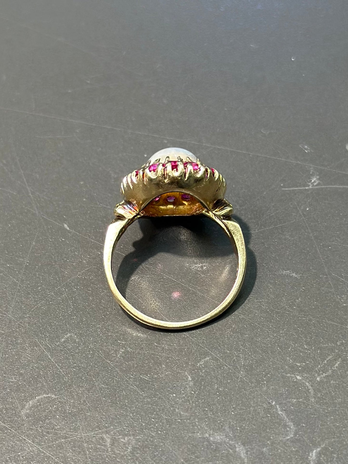 Victorian 10K Gold Ceylon Moonstone Ruby Halo Ring