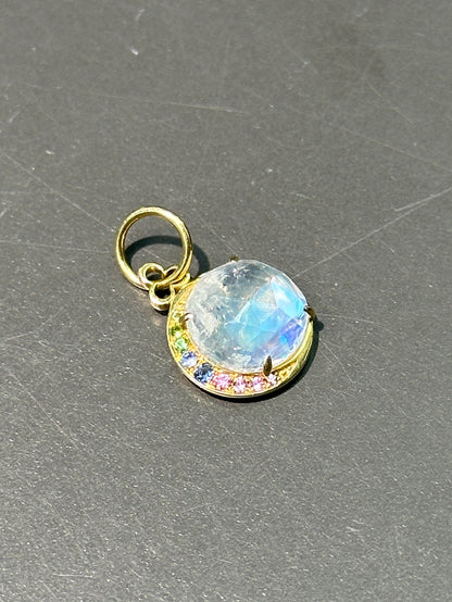 18K 黄金刻面月光石蓝宝石新月吊坠