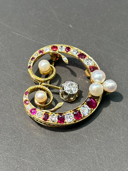 古董 14K 金红宝石钻石海水珍珠胸针