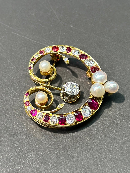 Antique 14K Gold Ruby Diamond Saltwater Pearl Brooch