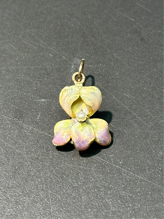 新艺术风格 14K 金粉红鸢尾花珐琅花卉吊饰