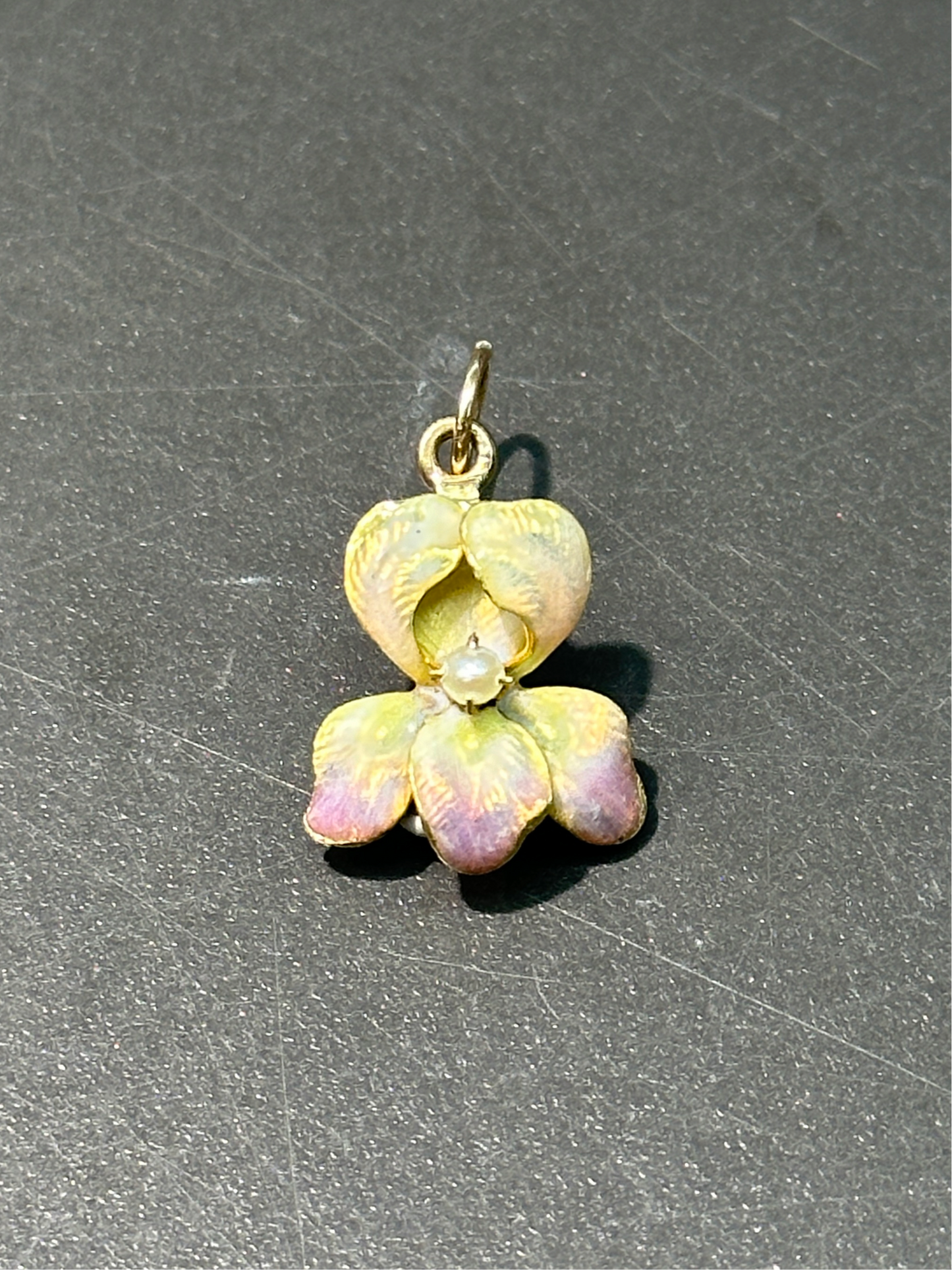 Art Nouveau 14K Gold Pink Iris Enamel Flower Charm