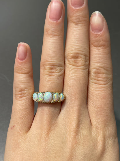 Antique Edwardian 18K Yellow Gold Five Stone Opal Diamond Ring