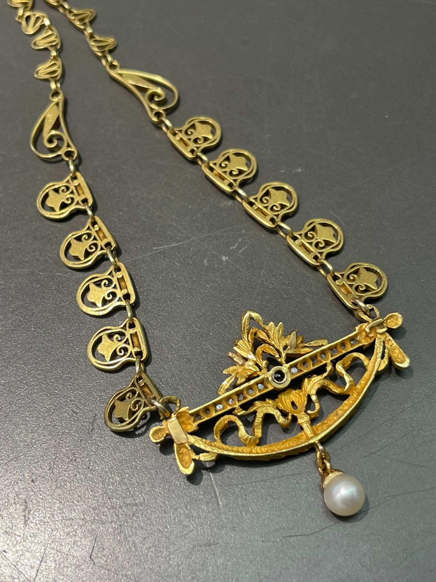 Antique French 18K Yellow Gold Diamond Pearl Filigree Collier Necklace