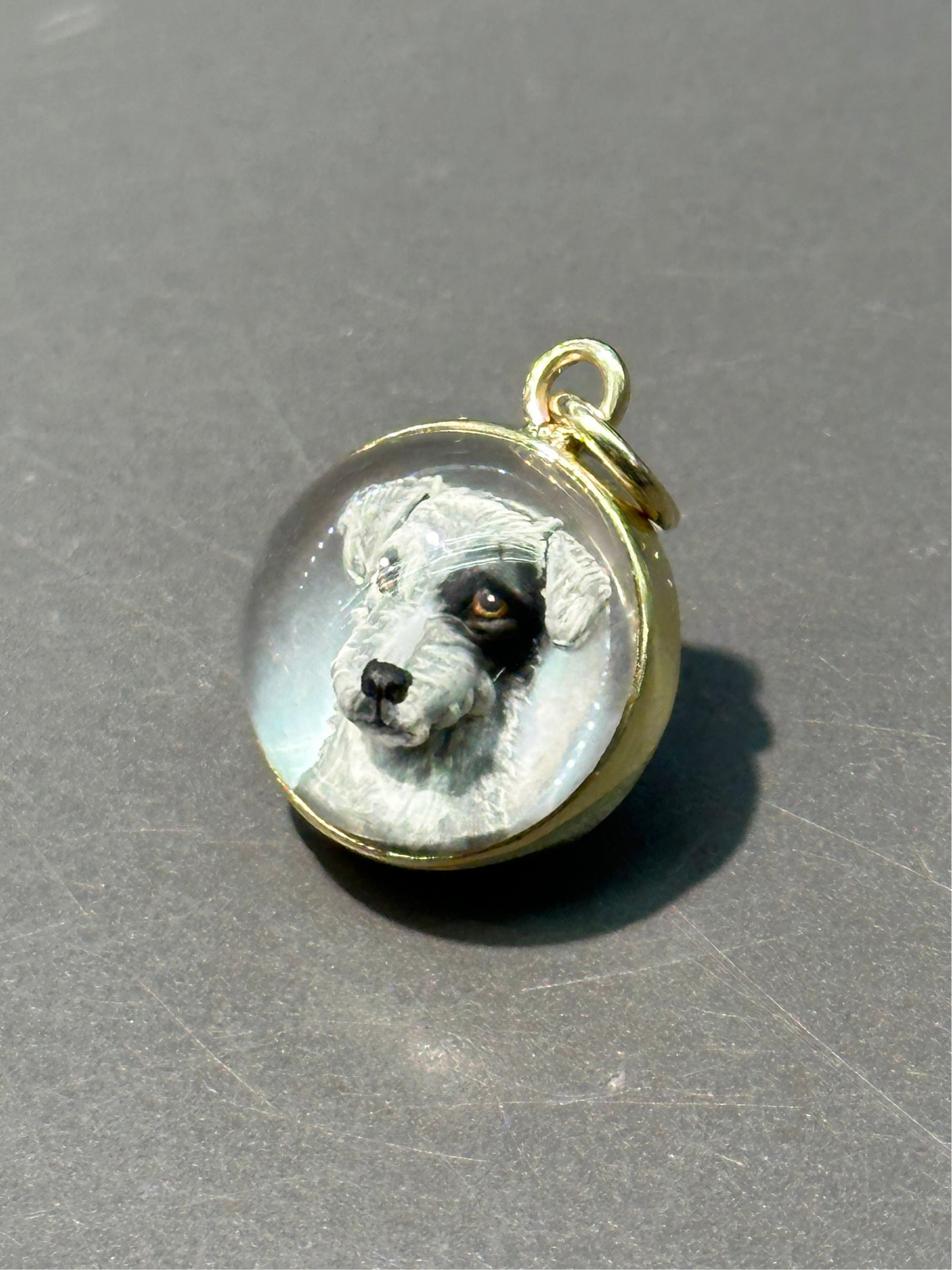 Antique 14K Gold Reverse Painted Essex Crystal Terrier Dog Pendant