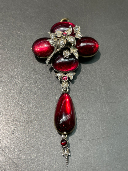 Antique Victorian 14K Gold Silver Diamond Garnet Pendant Brooch