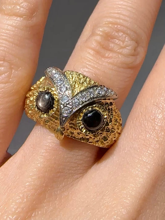 Vintage 18K Yellow Gold Cat’s Eye 0.35 CTW Diamond Owl Ring