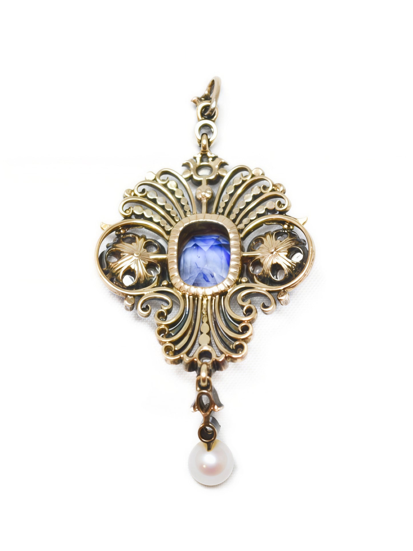 Antique 14K Gold Topped Silver 3.64 CTW GIA No Heat Ceylon Sapphire Diamond Pearl Motif Pendant