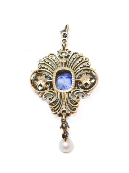 Antique 14K Gold Topped Silver 3.64 CTW GIA No Heat Ceylon Sapphire Diamond Pearl Motif Pendant