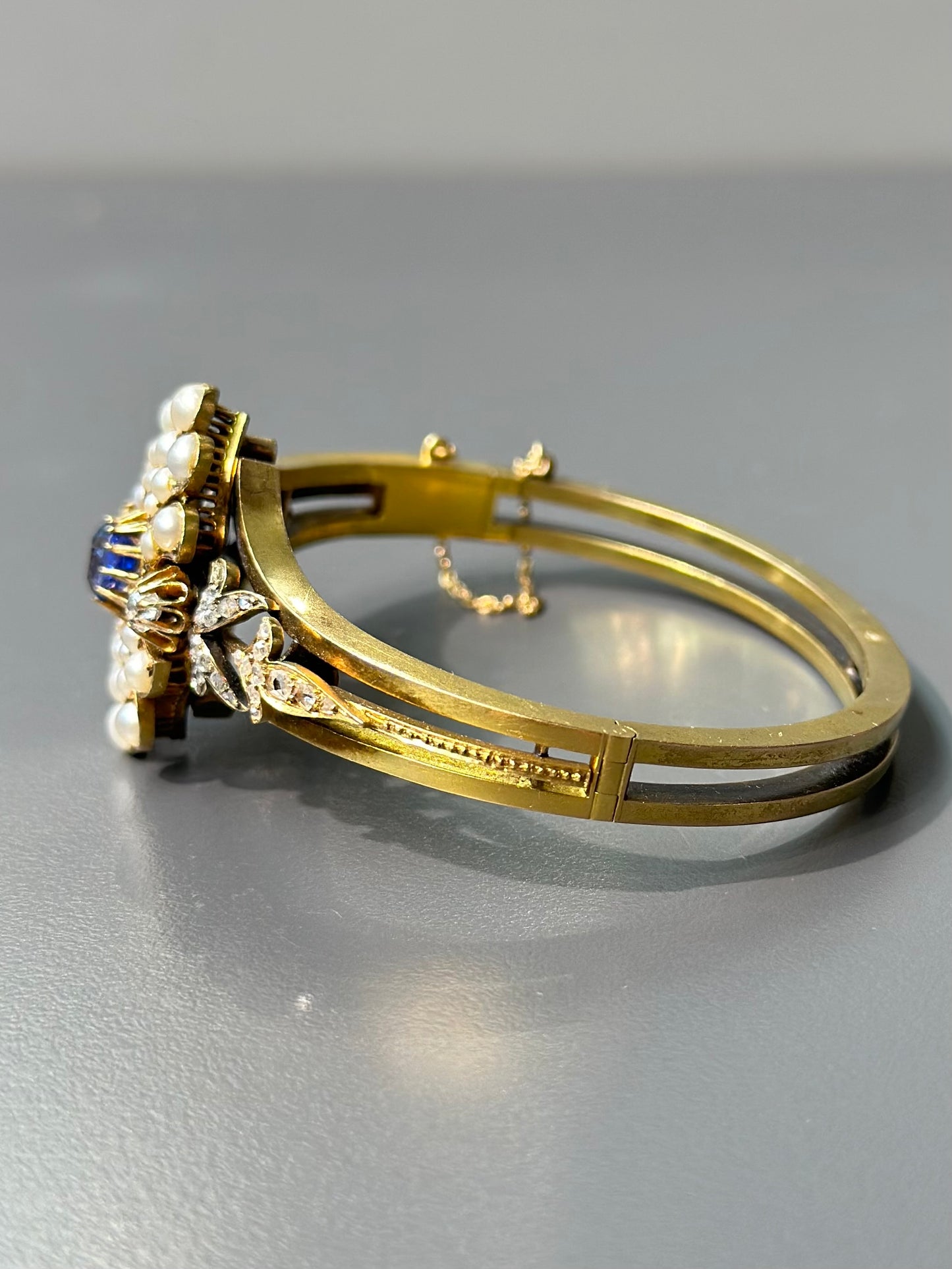 古董 14K 金蓝宝石钻石和天然古董珍珠手链
