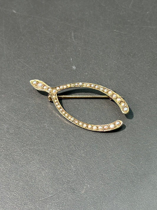 古董 14K 金种子珍珠许愿骨胸针