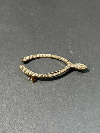 古董 14K 金种子珍珠许愿骨胸针