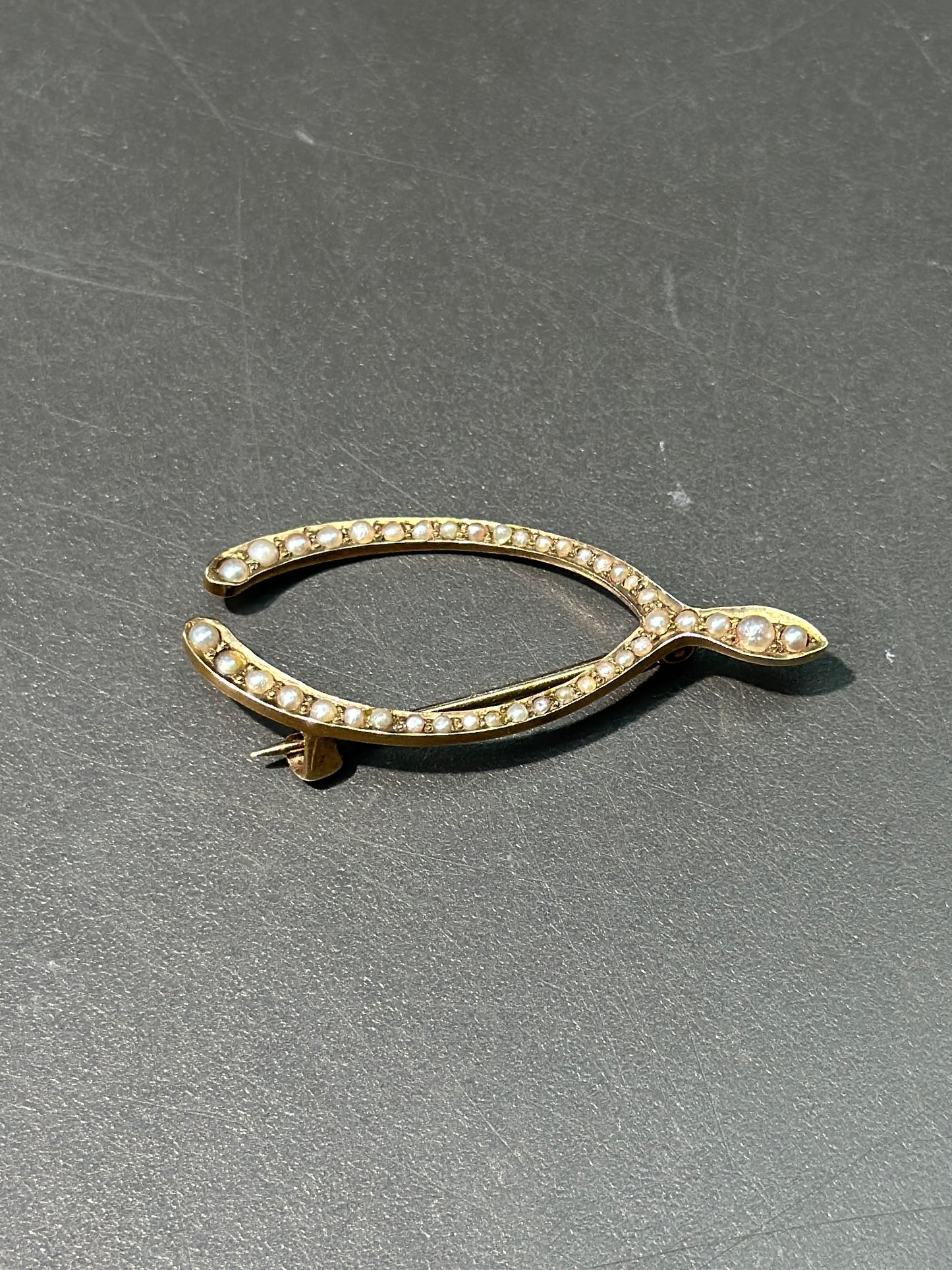 Antique 14K Gold Seed Pearl Wish Bone Brooch