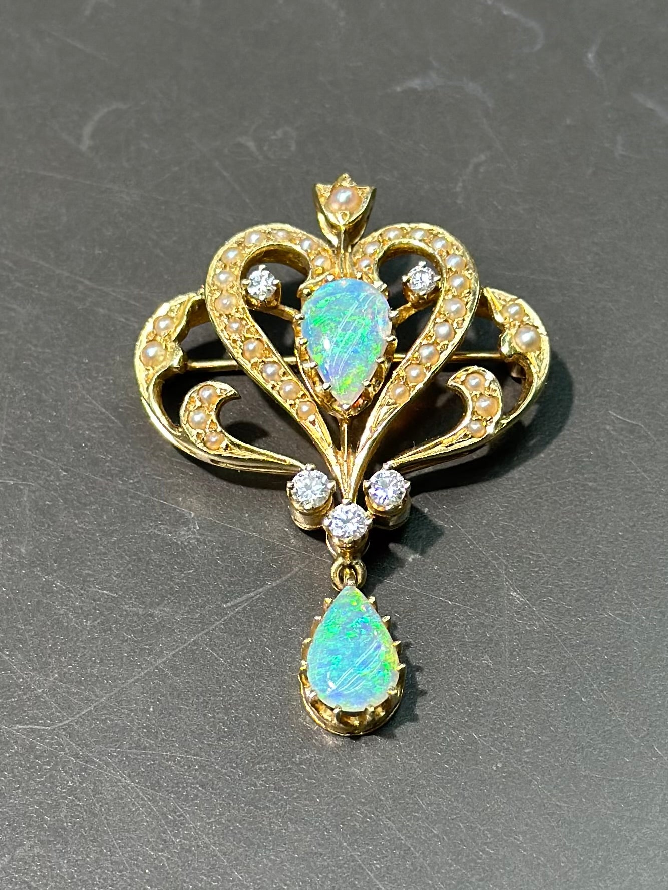 Victorian 14K Gold Opal Diamond Seed Pearl Brooch Pendant