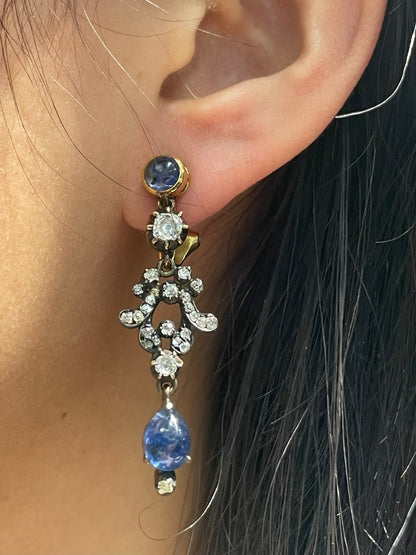 Antique 18K Yellow Gold Silver Sapphire Diamond Drop Earrings