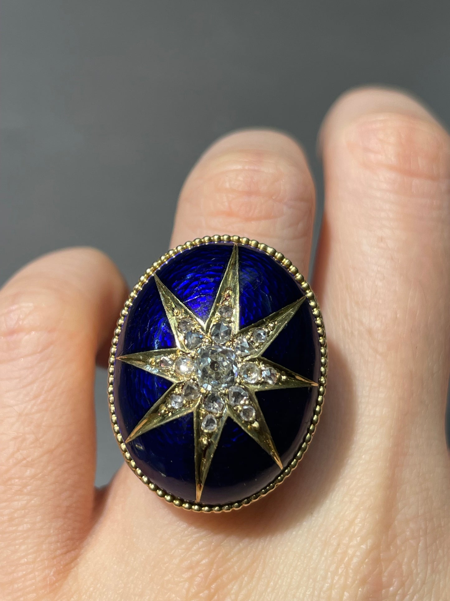 Victorian 14K Yellow Gold 0.95 CTW Diamond Blue Guilloche Enamel Starburst Ring