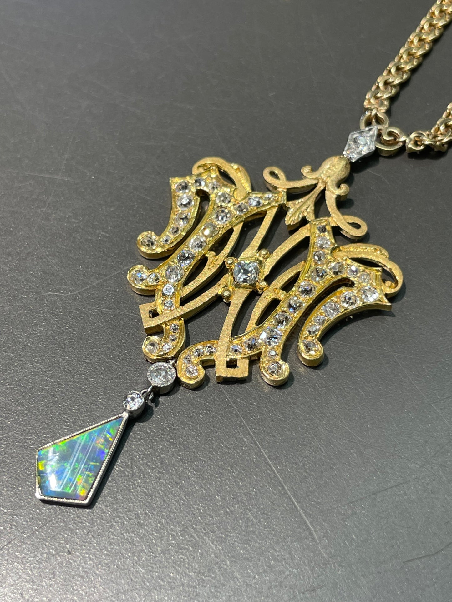 Edwardian 18K Yellow Gold Black Opal 2.3 CTW Diamond Motif Pendant Necklace