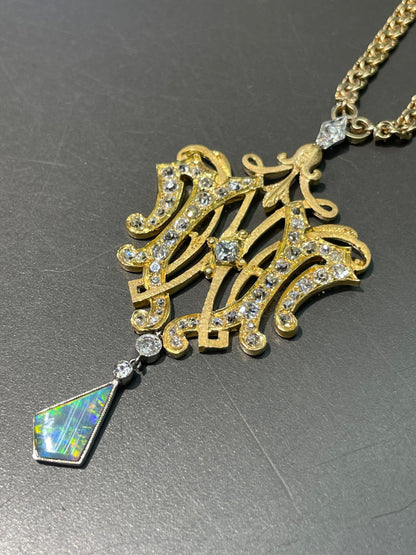 Edwardian 18K Yellow Gold Black Opal 2.3 CTW Diamond Motif Pendant Necklace