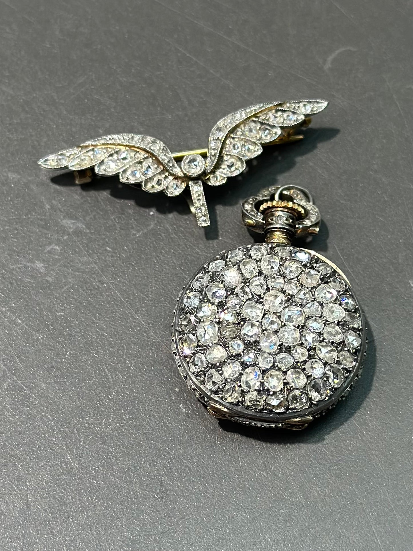 Montre de poche géorgienne à ailes de diamant en platine surmontée d'or 14 carats