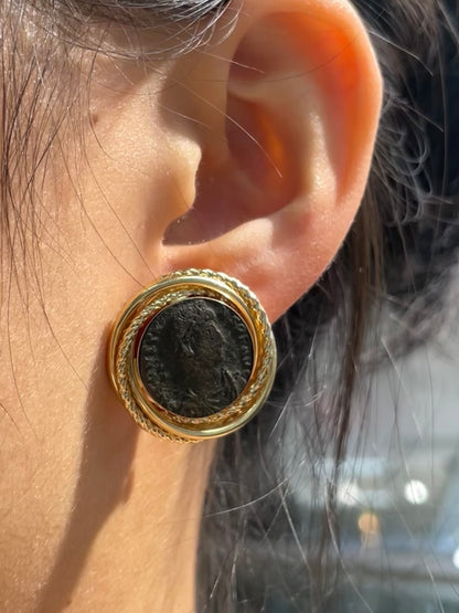 Vintage 14K Yellow Gold Roman Coin Earring