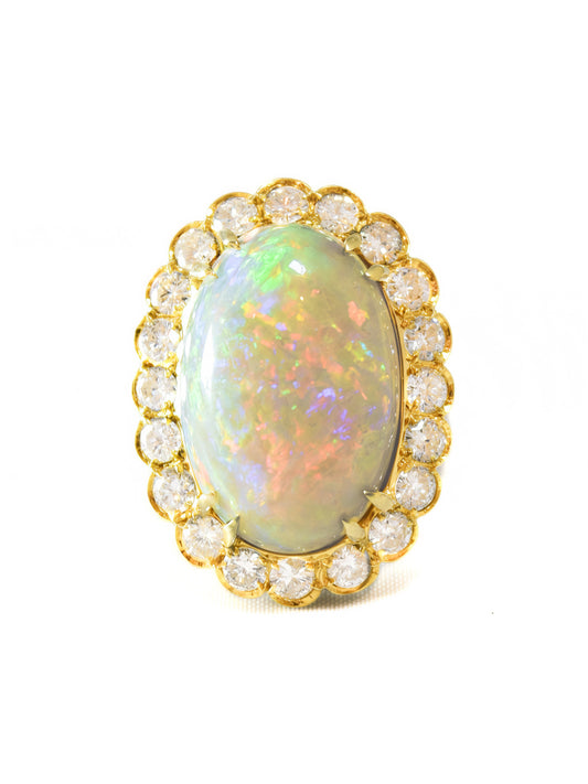 18K Gold Australian Opal Diamond Halo Ring