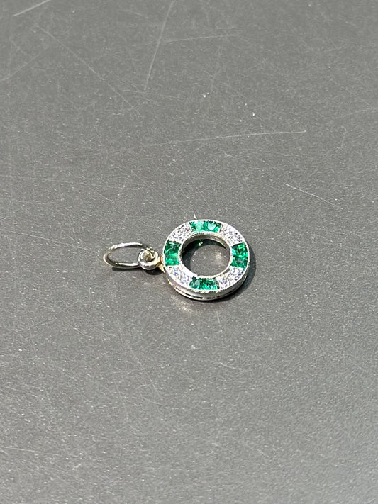 Art Deco Platinum Emerald and Diamond Circle Charm