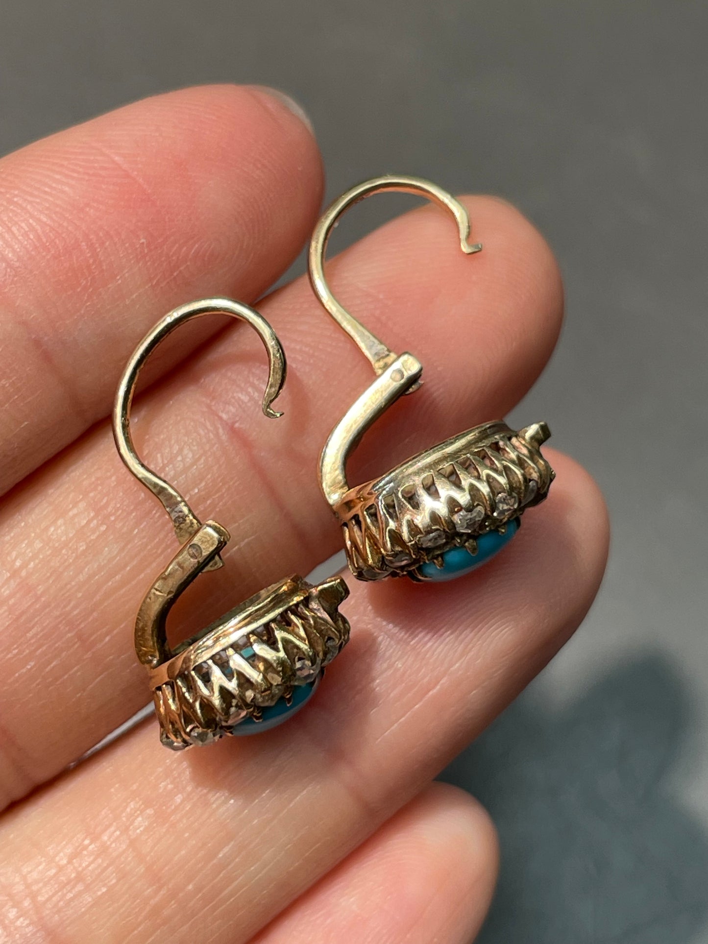 Victorian 14K Yellow Gold Persian Turquoise 0.91 CTW Diamond Halo Dormeuse Earring