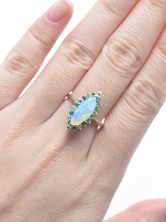 14K White Gold Marquise Opal Diamond Emerald Ring