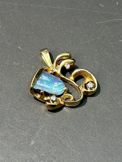复古 14K 金砾石蛋白石钻石吊坠