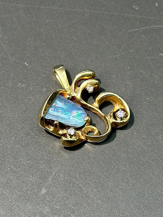 复古 14K 金砾石蛋白石钻石吊坠