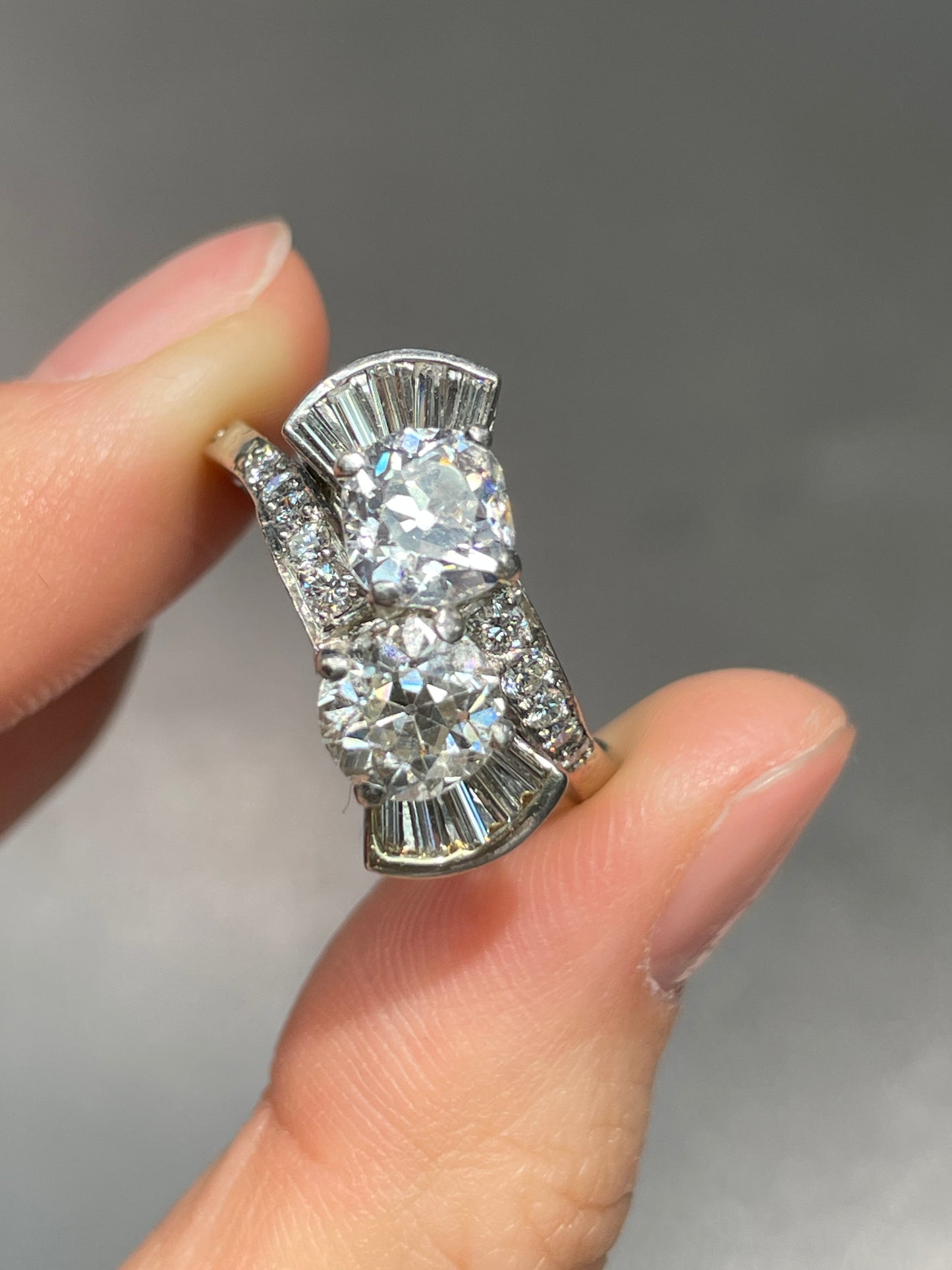 Vintage 14K 2.65 CTW Diamond Old European Old Mine Cut Toi Et Moi Candy Ring