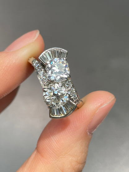 Vintage 14K 2.65 CTW Diamond Old European Old Mine Cut Toi Et Moi Candy Ring