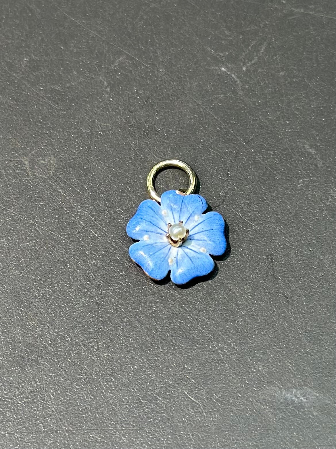 Art Nouveau 14K Gold Enamel Seed Pearl Blue Forget Me Not Flower Charm