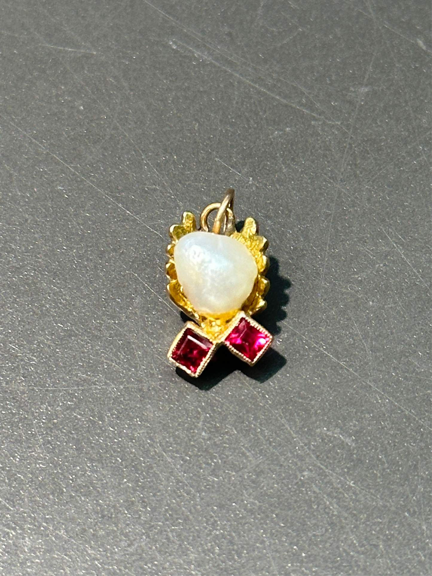 古董 14K 金珍珠红宝石吊坠