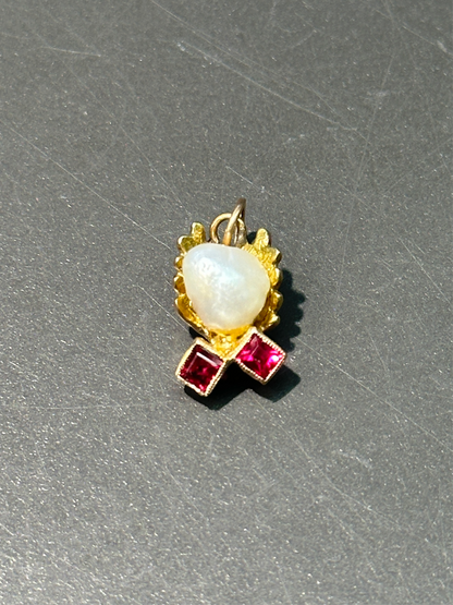古董 14K 金珍珠红宝石吊坠