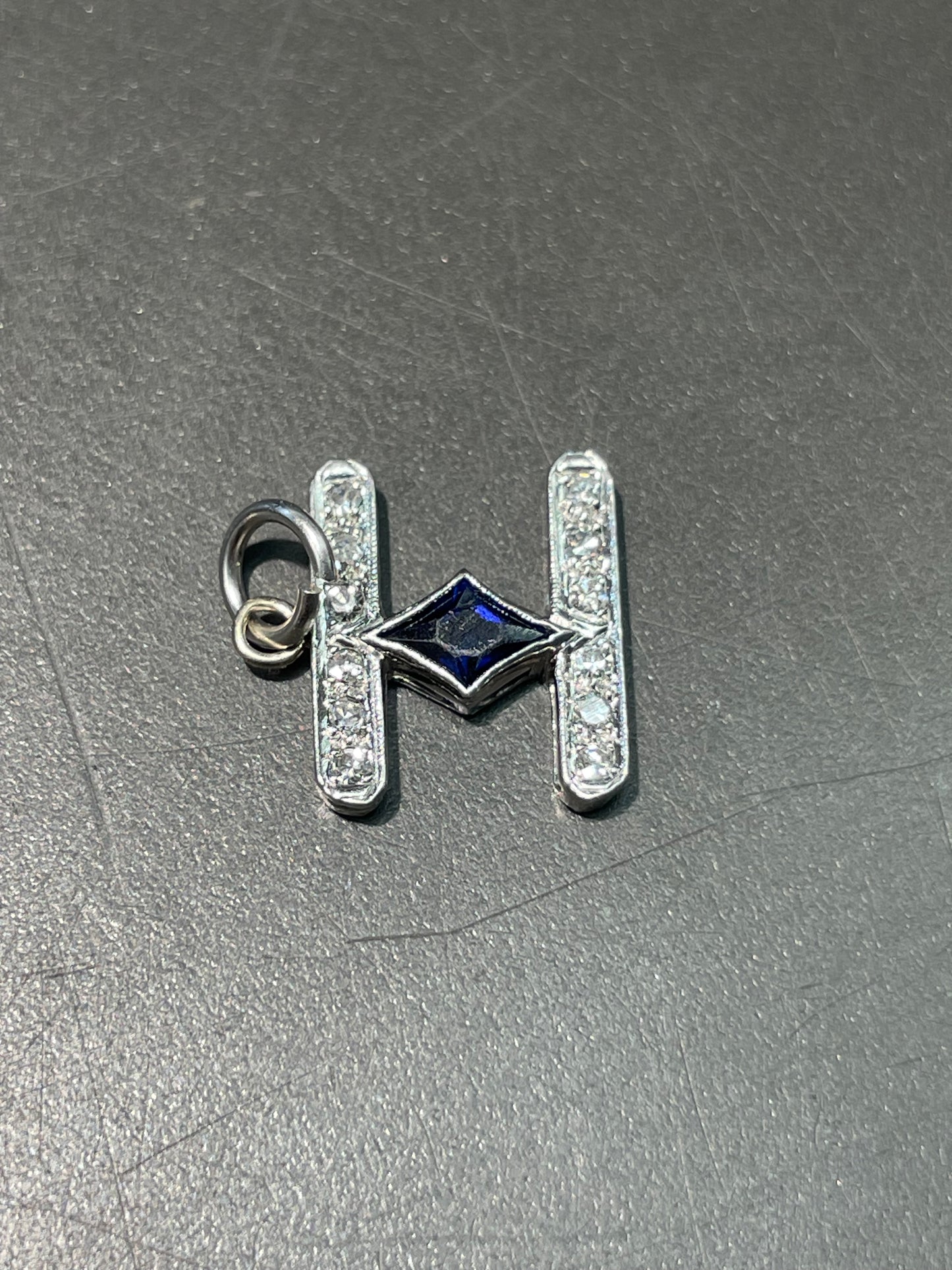 Art Deco Platinum Sapphire 0.18ct Diamond Motif Charm